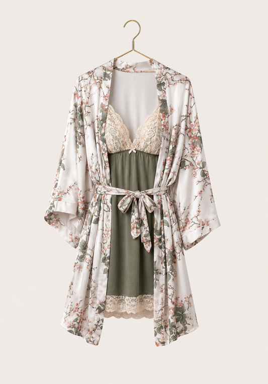 Short Robe Set: Viscose Lycra Shoulder Strap Plain Nighty With Lace Detail And Satin Printed Robe