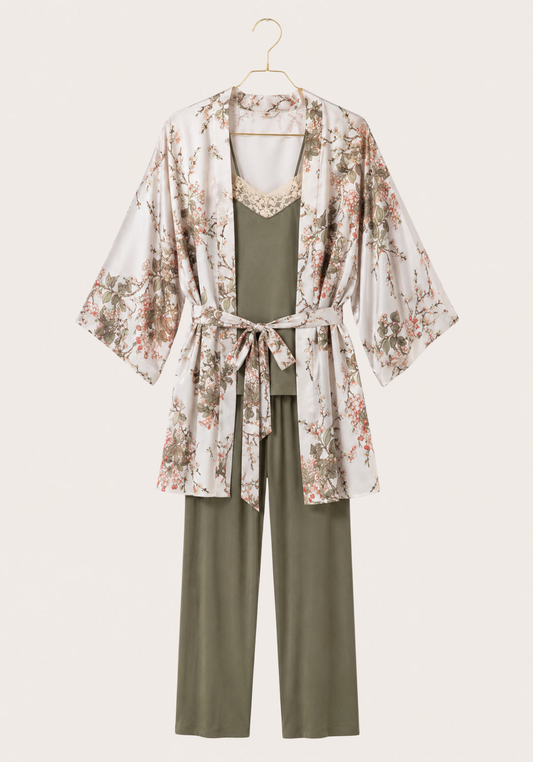 3 Pieces Set: Viscose Lycra Shoulder Strap Plain Pajamas And Satin Printed Robe
