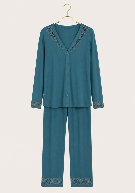 Pajamas: Viscose Lycra V-Neck Button Long Sleeve Top With Lace Detail And Pants