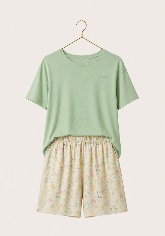 Short Set: Short Sleeve Top (Viscose Lycra) And Shorts (100% Viscose)