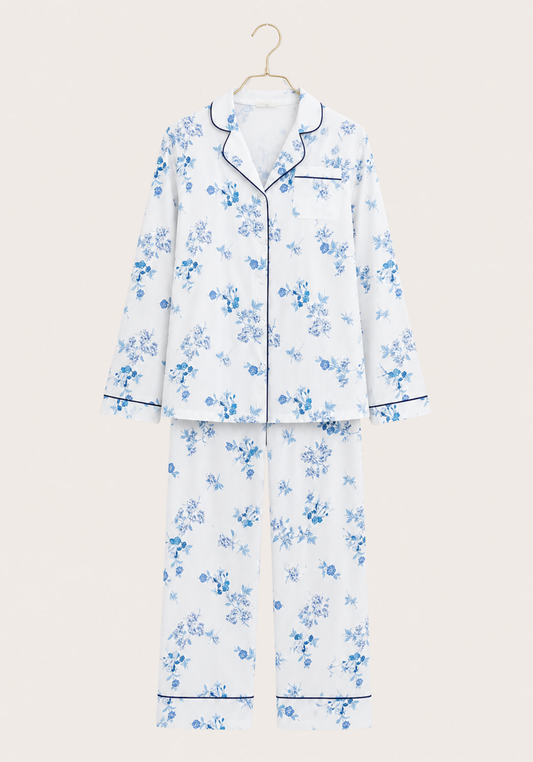 Pajamas: Collar Button Long Sleeve Top And Pants (100% Premium Cotton)
