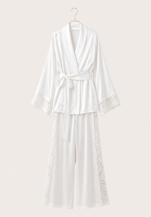 Satin Pajamas: Long Sleeves Robe Like Top And Pant With Lace Detail