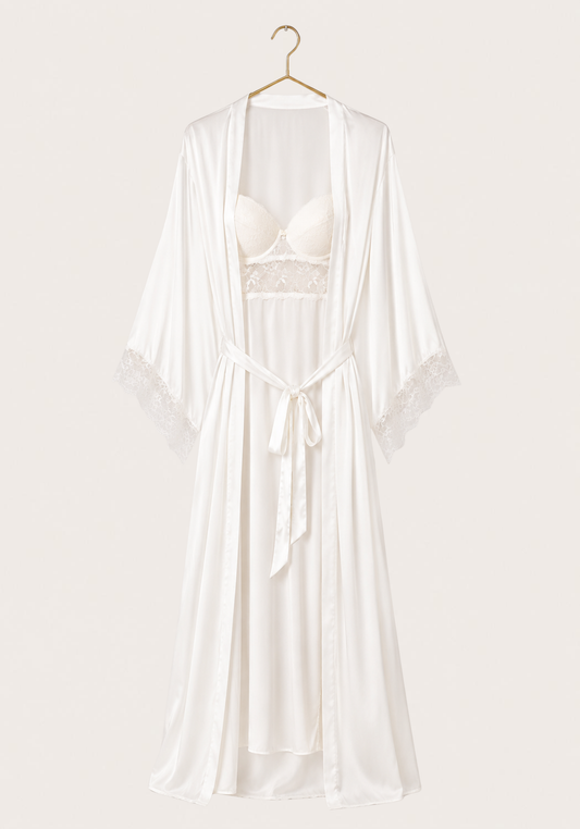 Bridal Long Robe Set: Shoulder Strap Padded Bra Long Gown And Long Robe With Lace Detail
