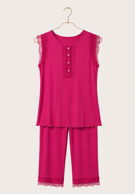 Capri Set: Viscose Elastan Sleeveless Top And Capri With Lace Detail