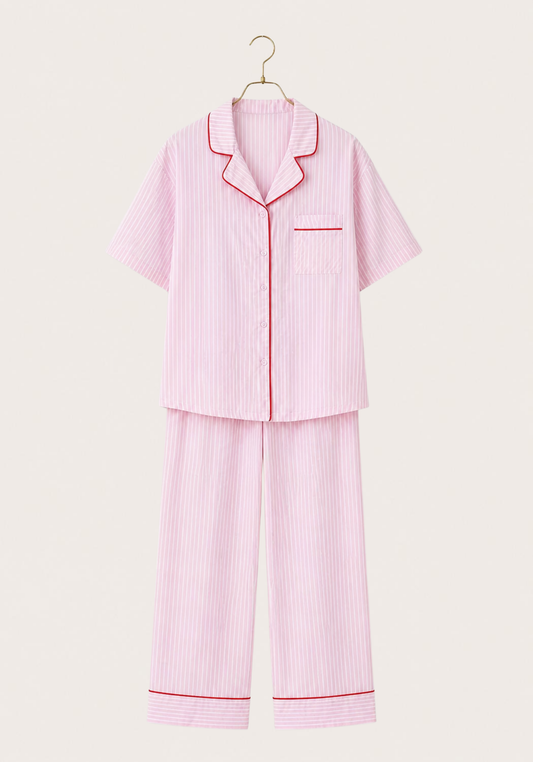 Cotton (100%) Woven Collar Button Short Sleeve Striped Pajamas