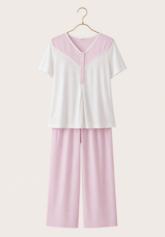 3 Pieces Set: Cotton (100%) Woven Collar Button Short Sleeve Striped Pajamas And Robe