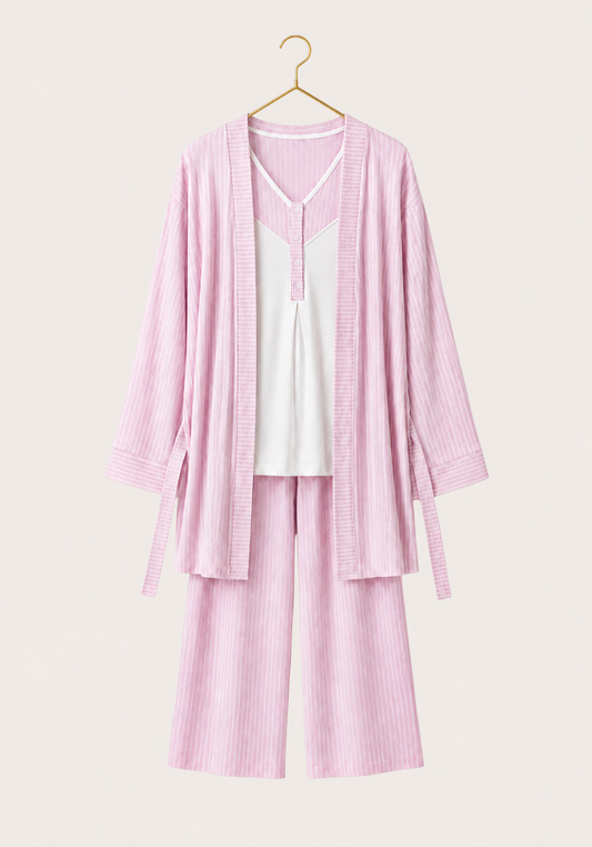 3 Pieces Set: Cotton (100%) Woven Collar Button Short Sleeve Striped Pajamas And Robe