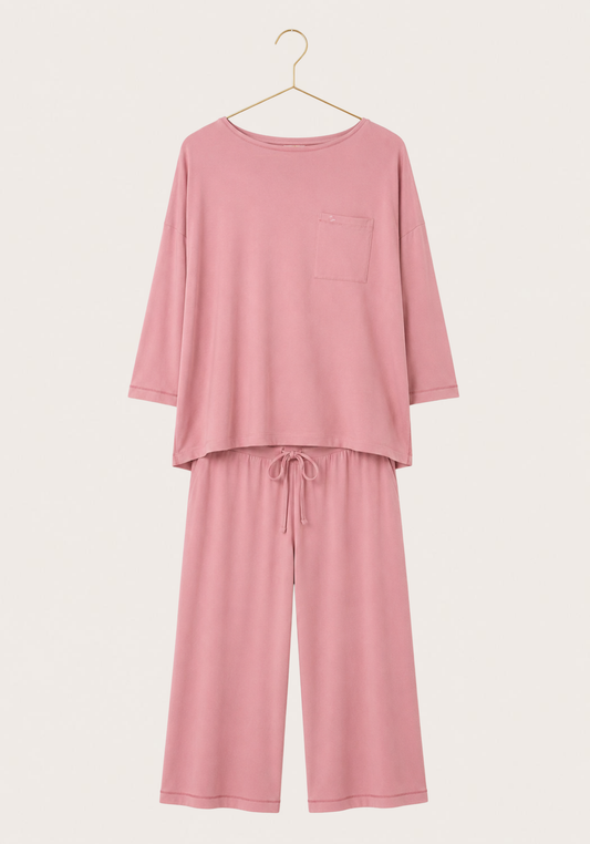 Pajamas: Plain Semi Long Sleeve Top And Wide Cut Bermuda (Viscose Lycra)