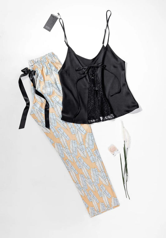 Satin Pajama: Shoulder Strap Top And Floral Print Pant