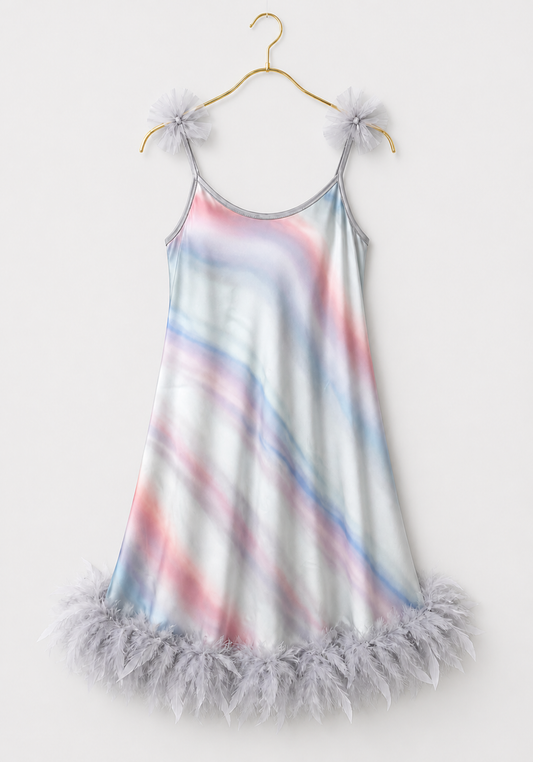 Babydoll: Ruffles Shoulder Strap Printed Satin Babydoll With Furr Around The Bottom
