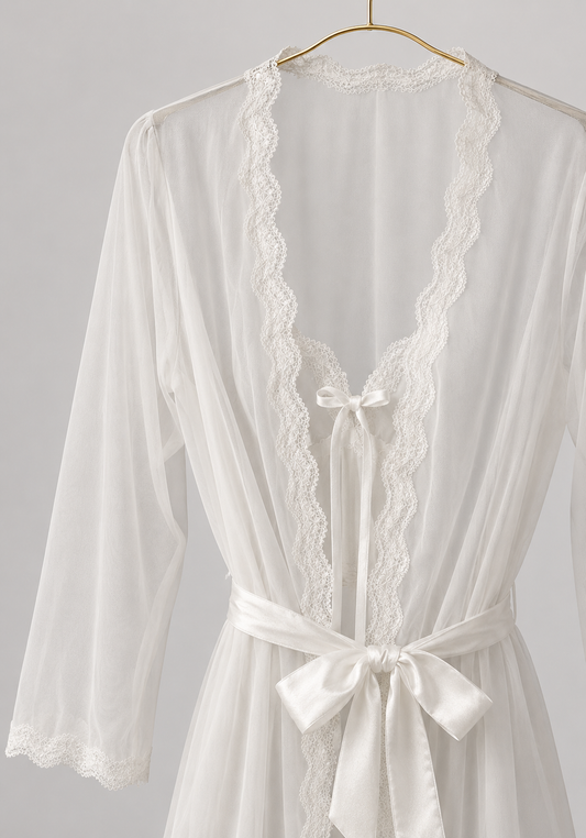 Bridal 3 Pieces Set: Schiffon Cami Top And Long Sleeve Short Robe And Satin Pants