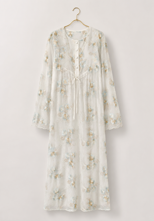 Maternal Long Robe Set: Long Sleeve Buttoned Nighty And Long Sleeve Organza Robe