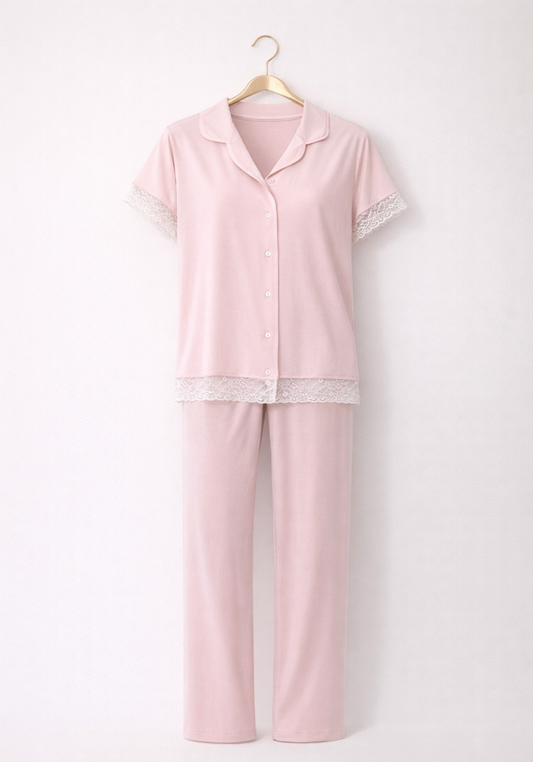 Viscose Short Sleeve With Lace Detail Top And Plain Pant Pajamas