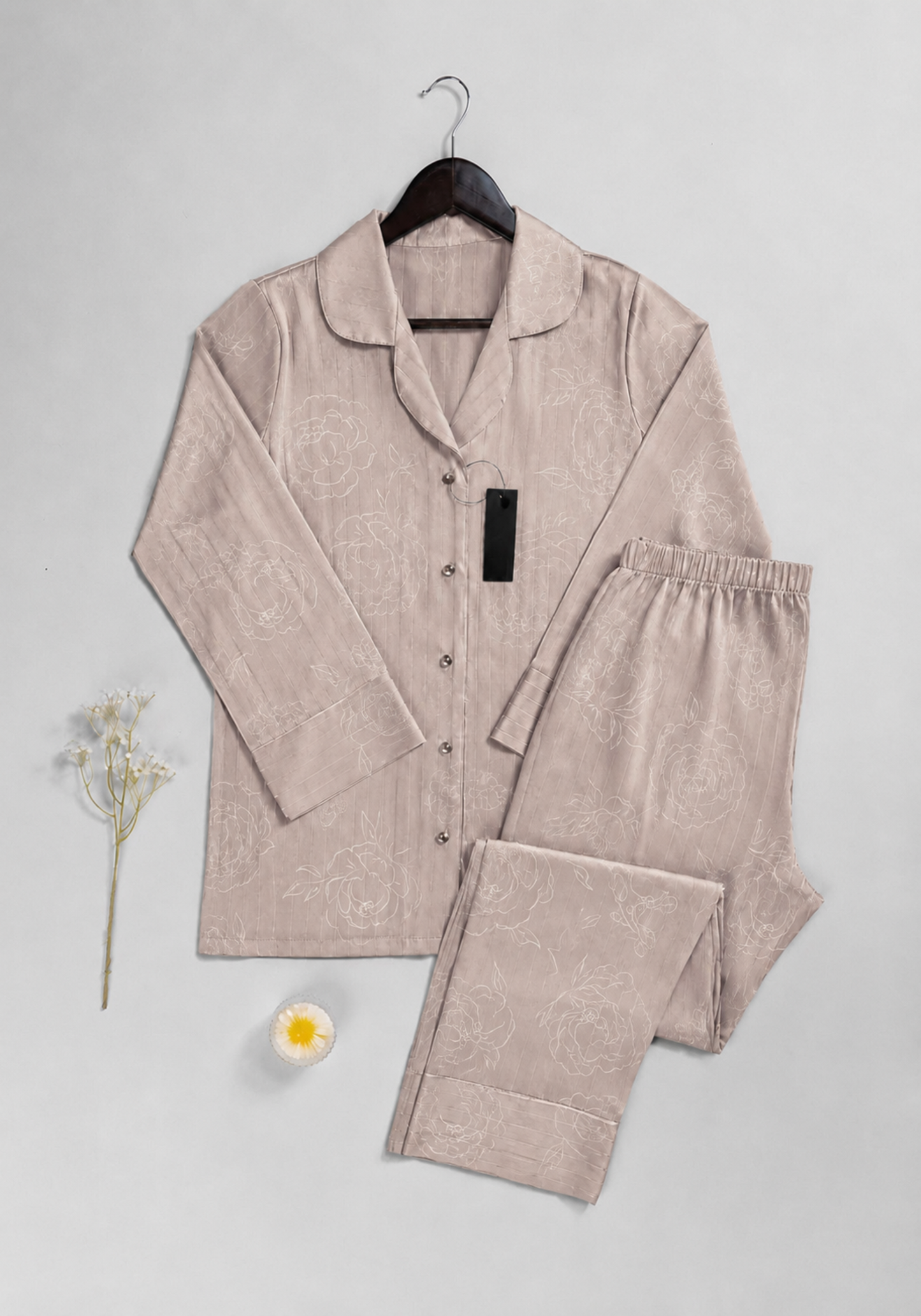 Lingerie Pajama: Satin Floral Print Collar Button Long Sleeve Top And Pant