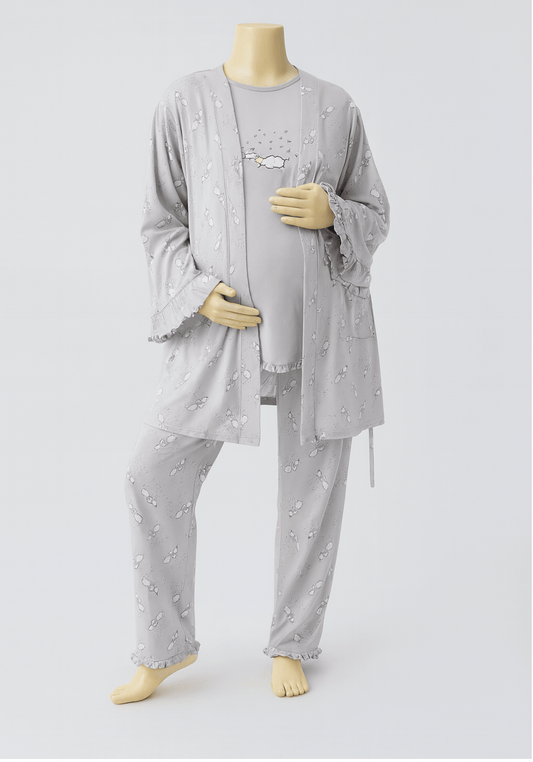 Maternal 3 Pieces Cotton Robe And Pajama Set