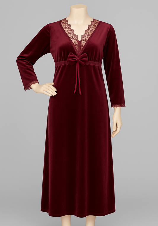Velour Long Gown With Lace