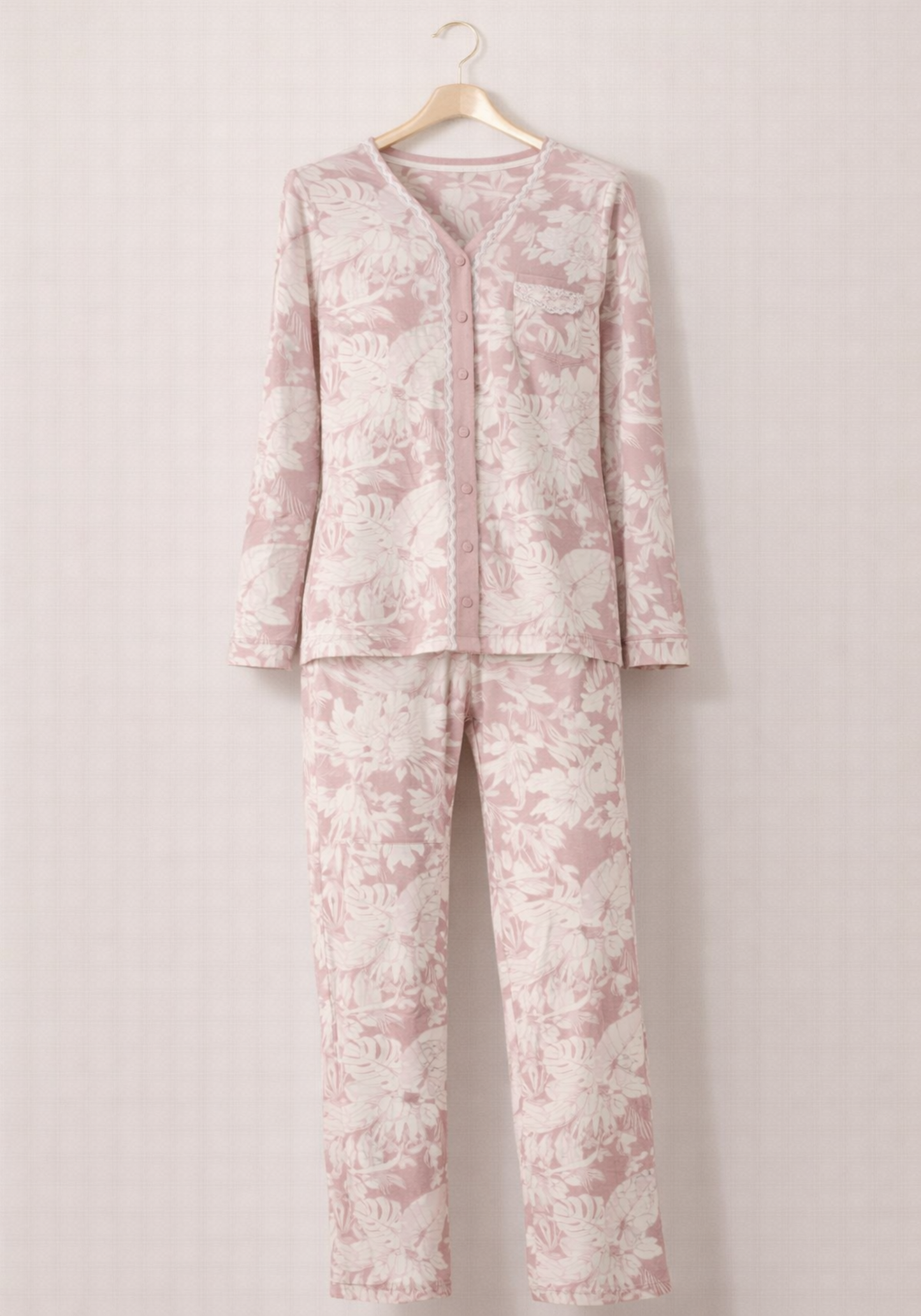 Button Long Sleeve Pajamas With Lace Detail (Vis Els)