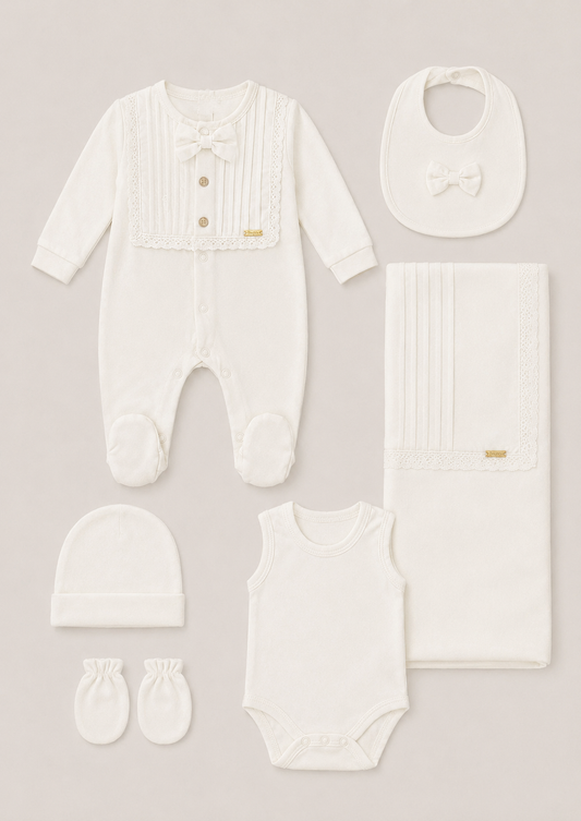 Babies Essential Set Of 6 Pieces: Romper, Hat, Bib, Blanket, Mittens, Socks