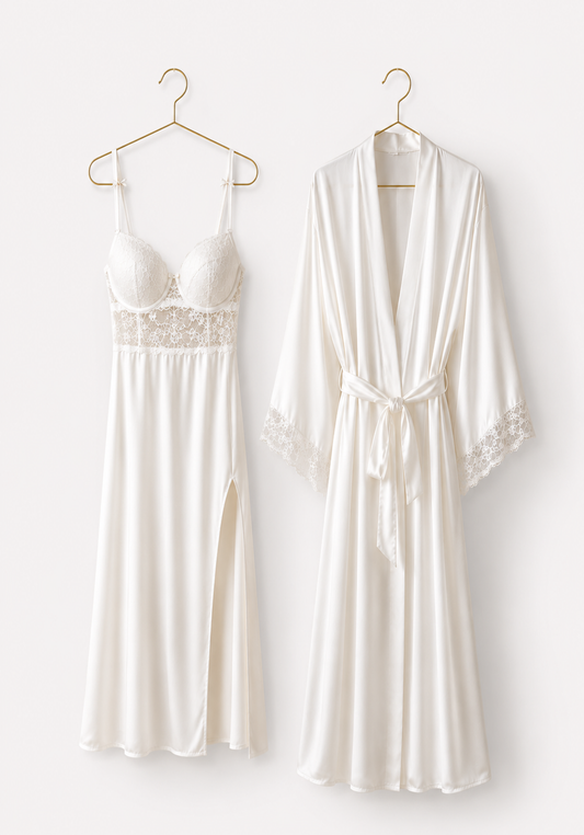 Bridal Long Robe Set: Shoulder Strap Padded Bra Long Gown And Long Robe With Lace Detail