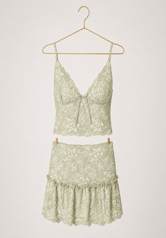 Skirt Set: Full Lace Shoulder Strap Top And Short Skirt Set