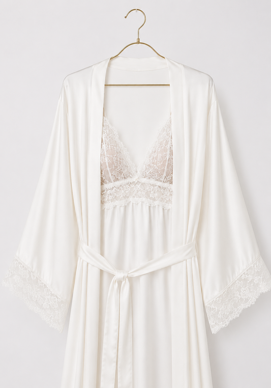 Bridal Long Robe Set: Shoulder Strap Lace Bra Long Gown And Long Robe With Lace Detail