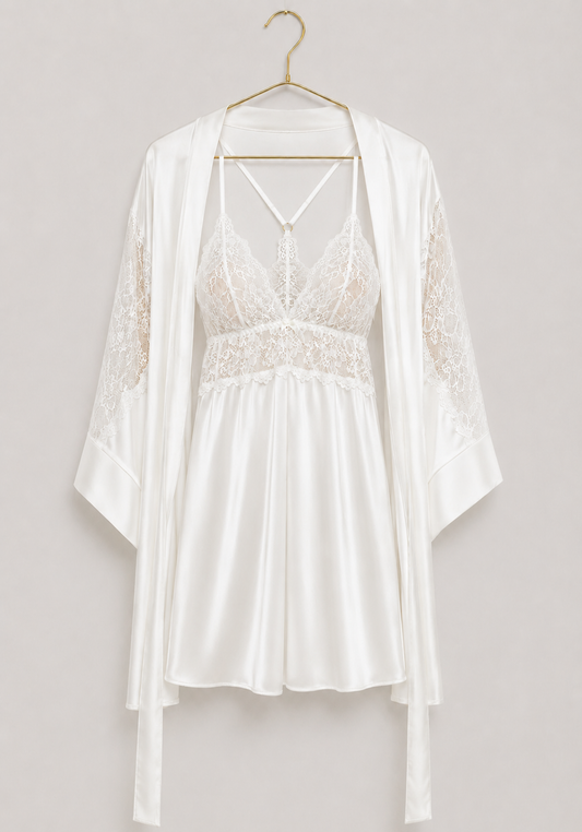 LNGR Bridal Satin Short Robe Set With Panty