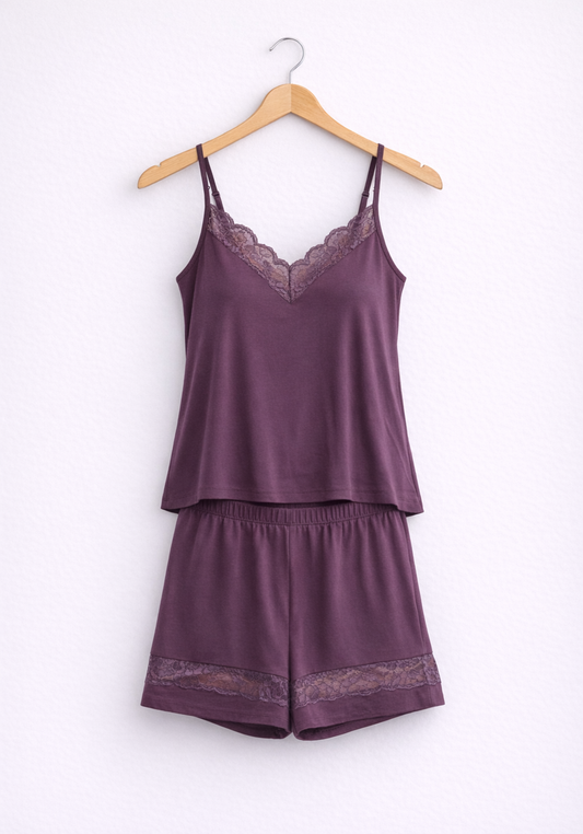 Cotton Shoulder Strap Top And Short Set With Lace Detail