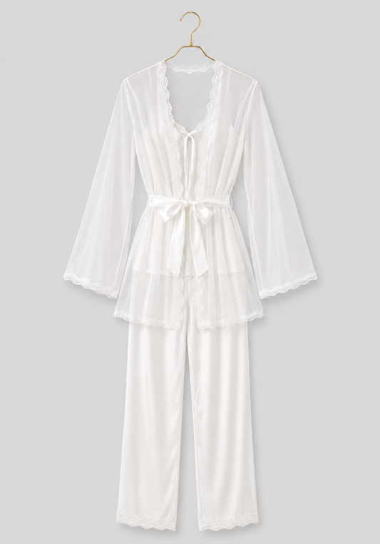 Bridal 3 Pieces Set: Schiffon Cami Top And Long Sleeve Short Robe And Satin Pants