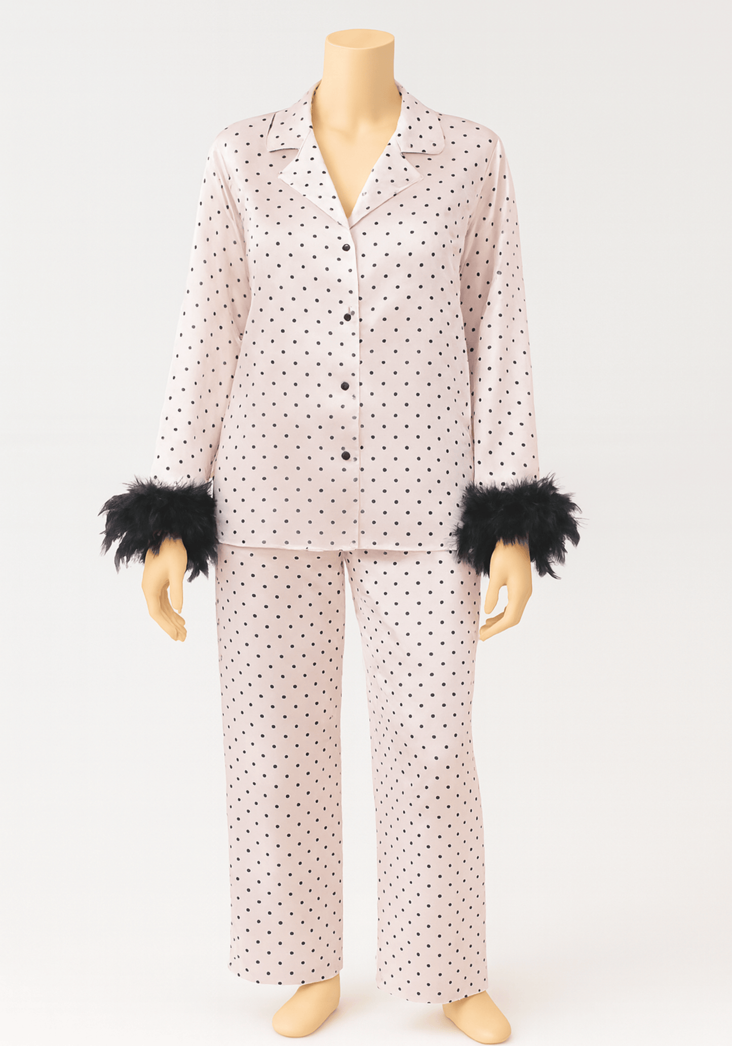 LNGR Satin Collar Button Dotted Furr Pajama