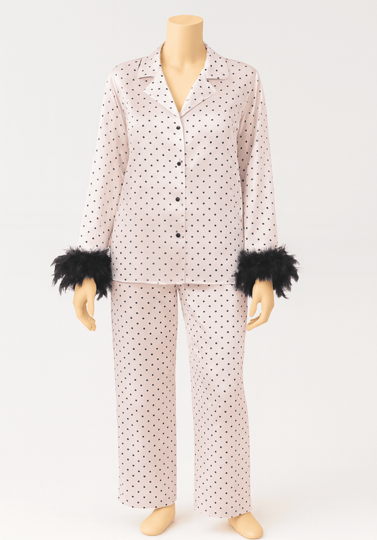 LNGR Satin Collar Button Dotted Furr Pajama