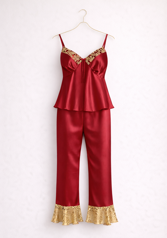 Satin Pajamas: Shoulder Strap Top And Pant With Lace Detail
