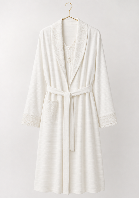Maternal Robe Set: Button Long Nighty With Front Dantel And Long Robe With Dantel