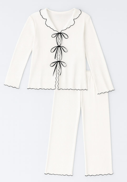 Long Sleeve Collar Ribbon Top And Pant Set