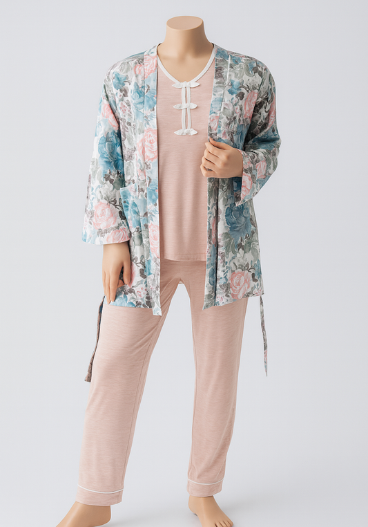 3 Piece Short Robe And Long Sleeve Pajama