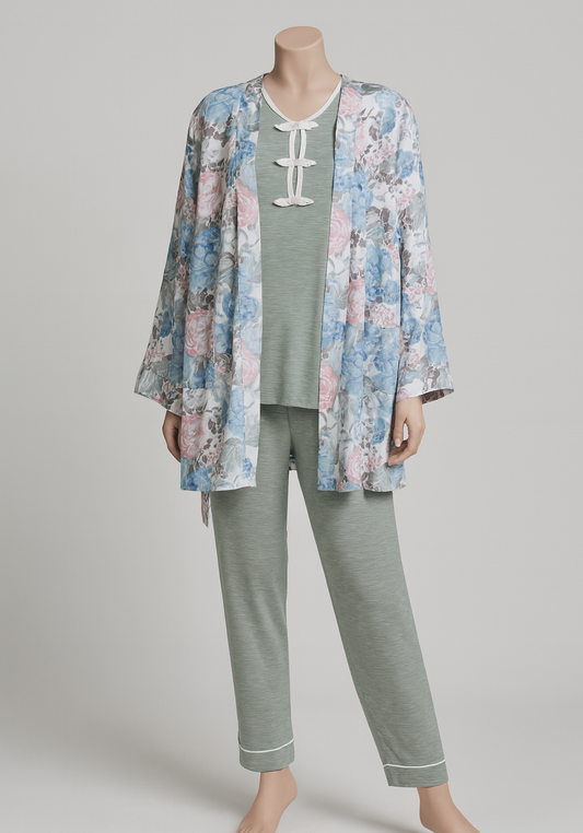 3 Piece Short Robe And Long Sleeve Pajama