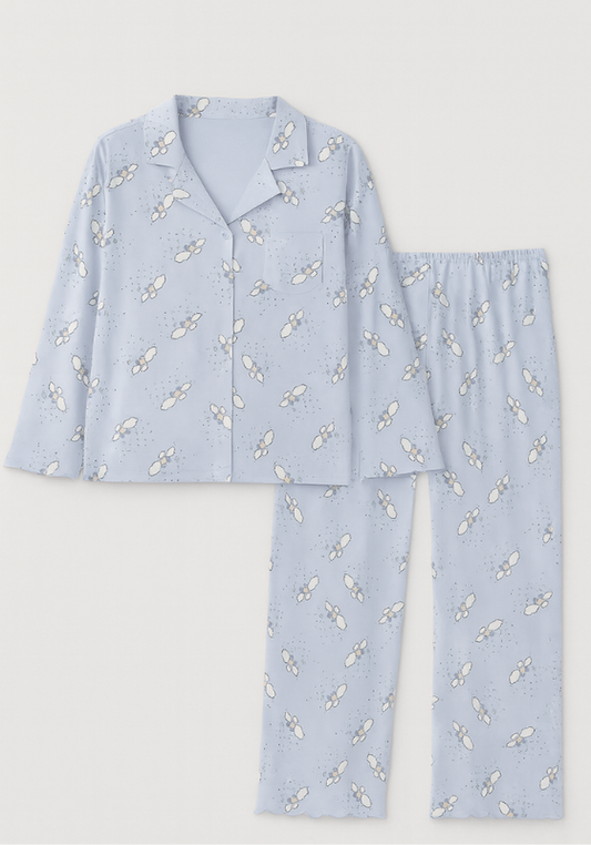 Collar Button Long Sleeve Printed Pajama