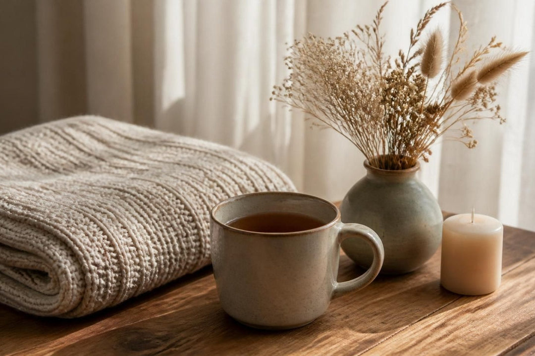 A mug of tea, knitted blanket and candle