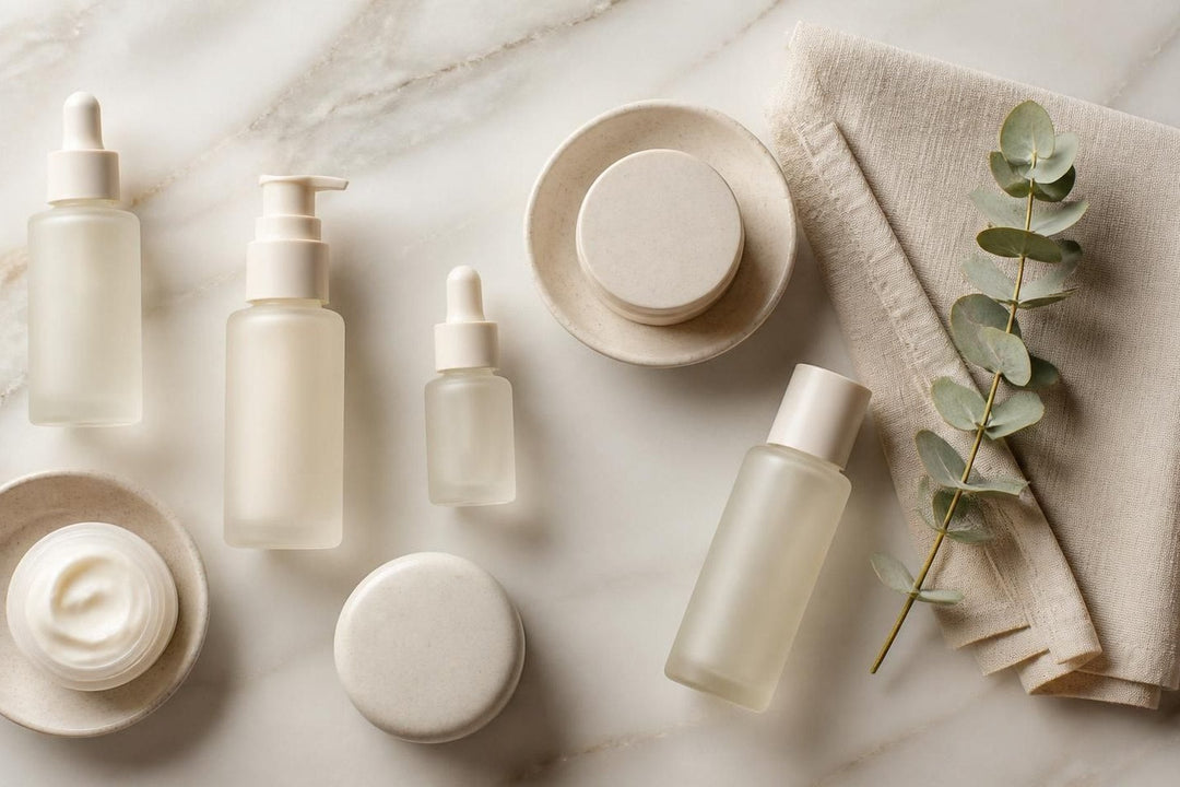 Skincare bottles and jars on pale marble