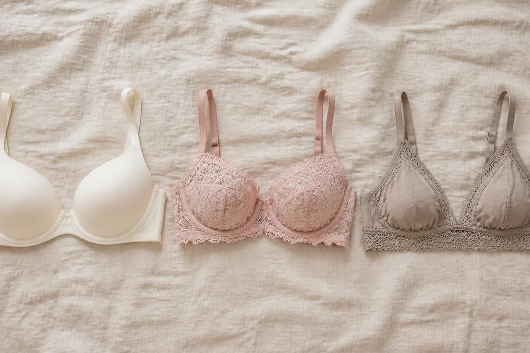Three bras in different styles laid in a row