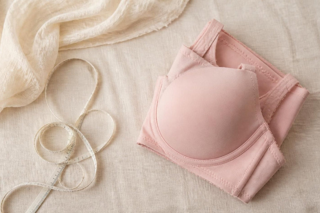 A measuring tape beside a folded blush bra