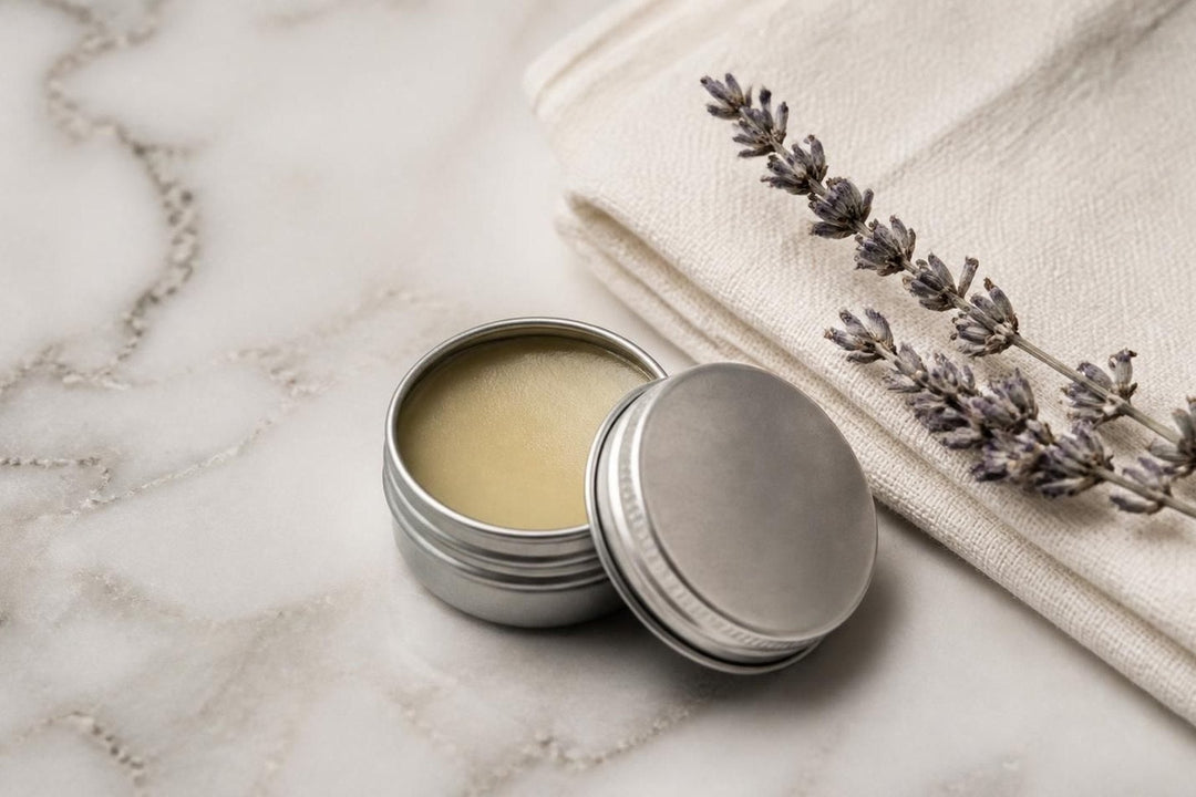 A lip balm tin and dried lavender on marble