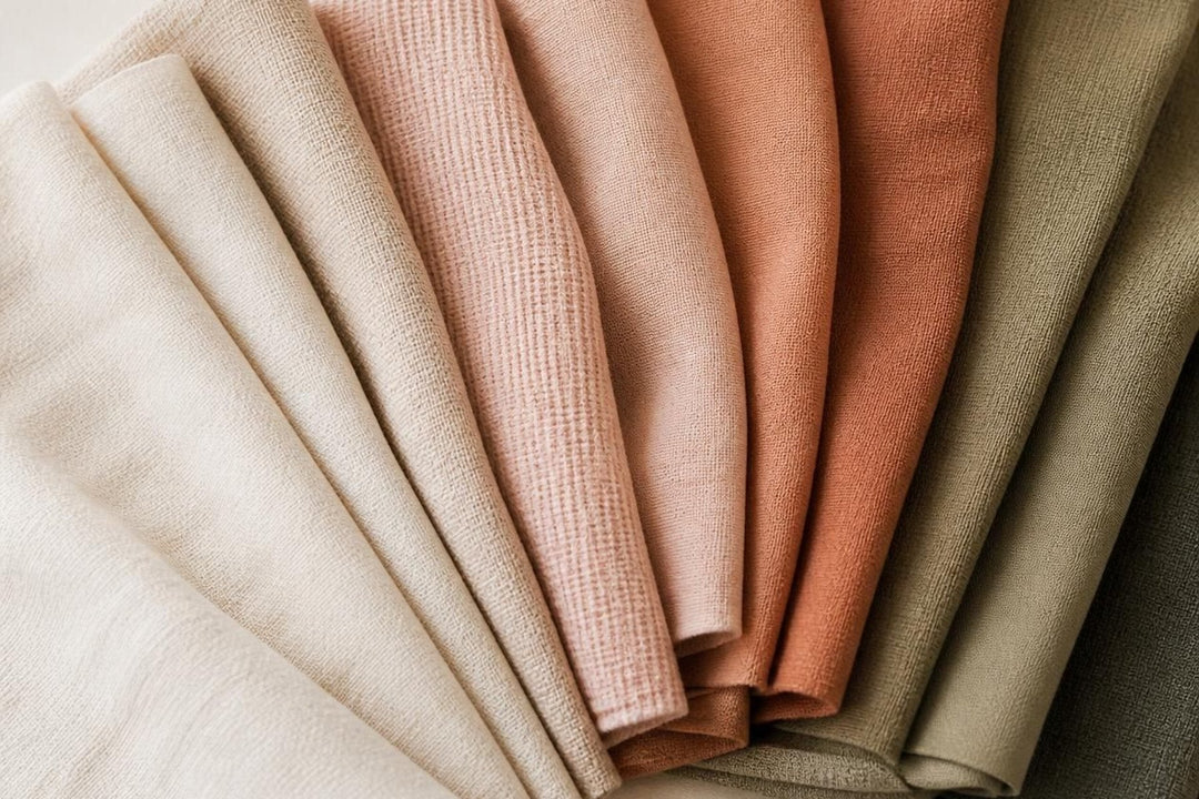 Fabric swatches fanned in a warm colour gradient