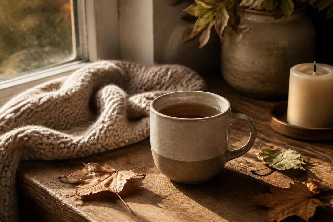 A knitted throw, tea and a candle by a window
