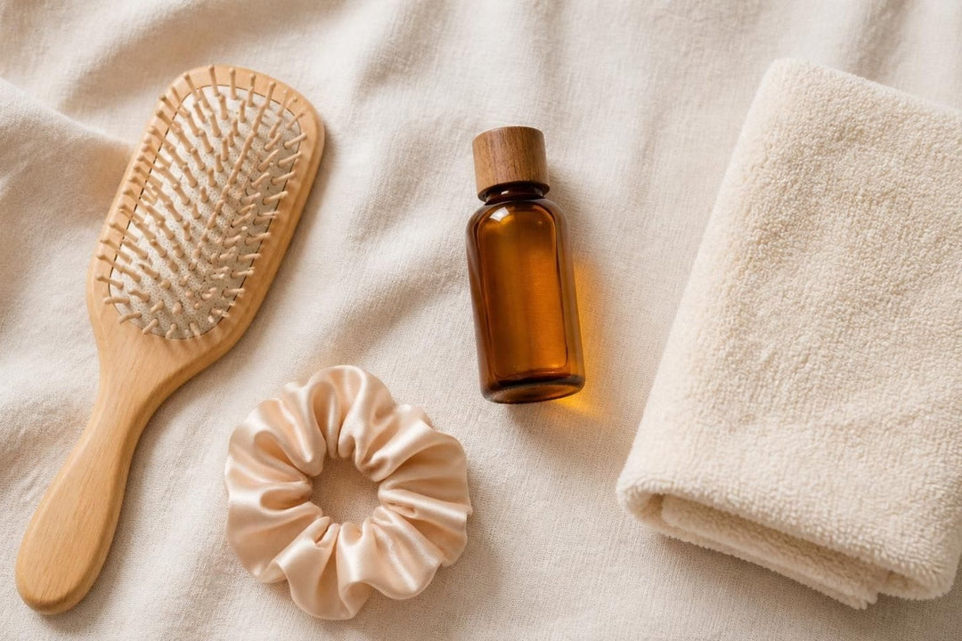 A wooden hairbrush, silk scrunchie and hair oil