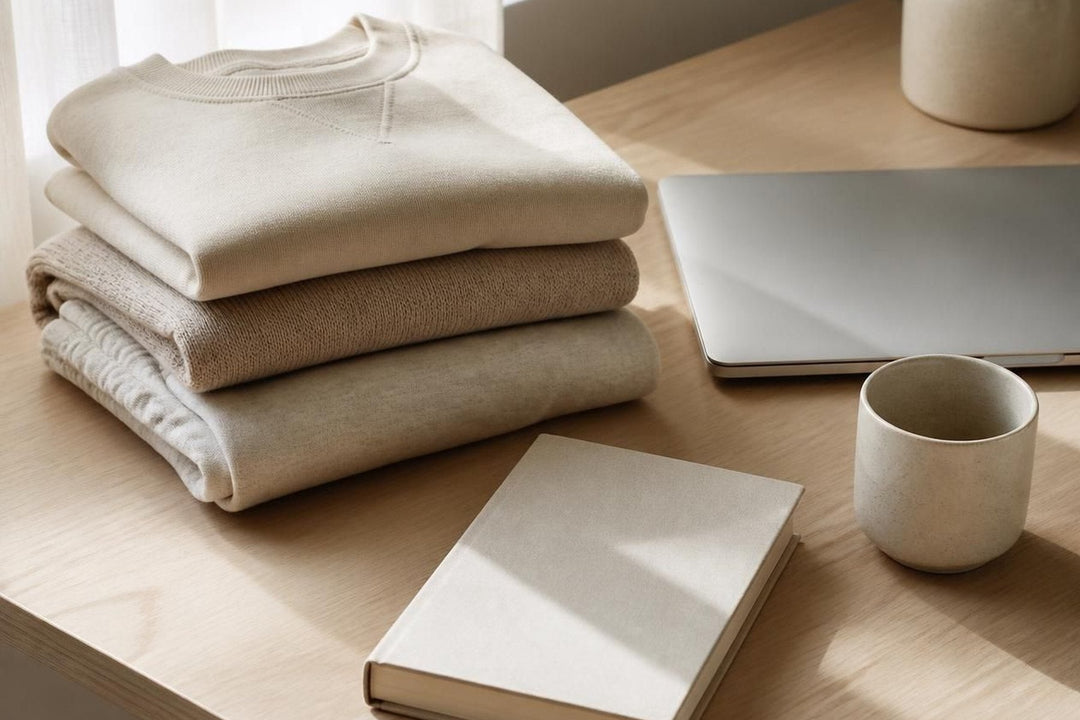 Folded loungewear beside a laptop and cup