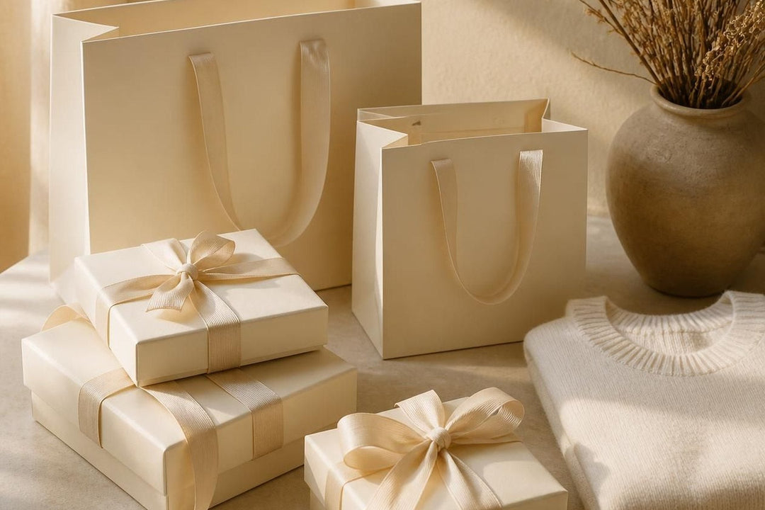 Cream gift boxes and paper bags with ribbon