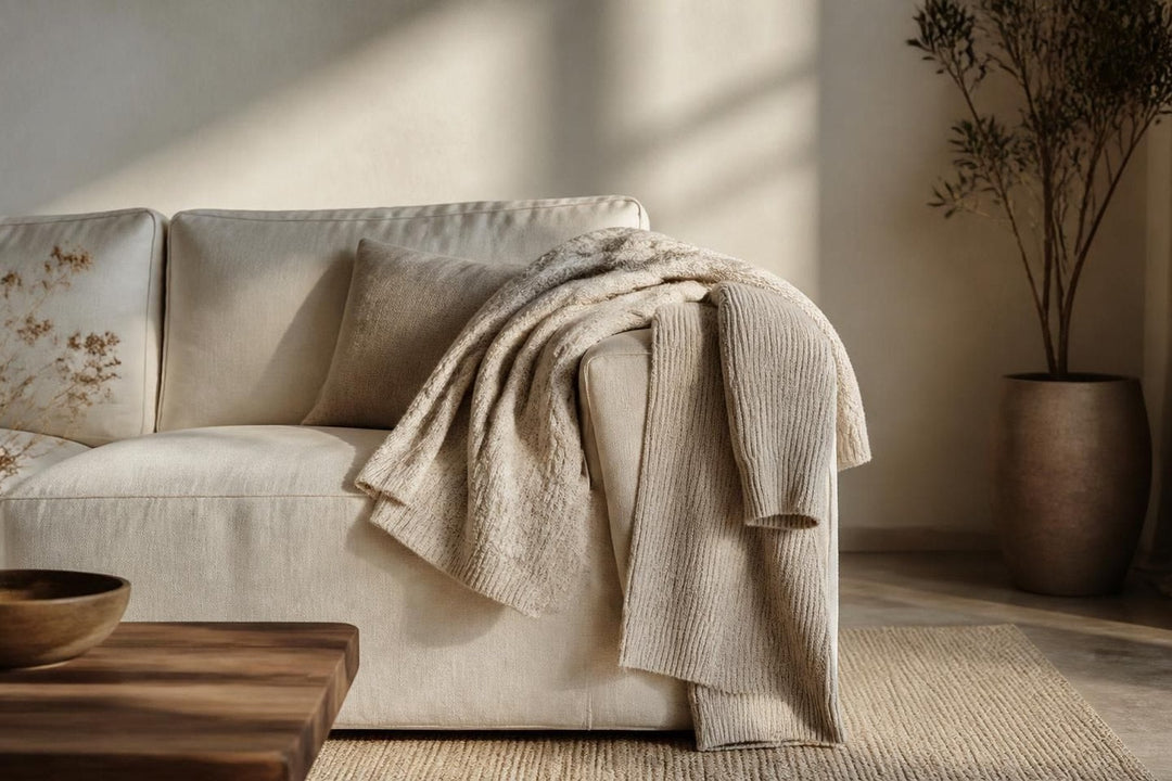 A knit lounge set draped over a linen sofa