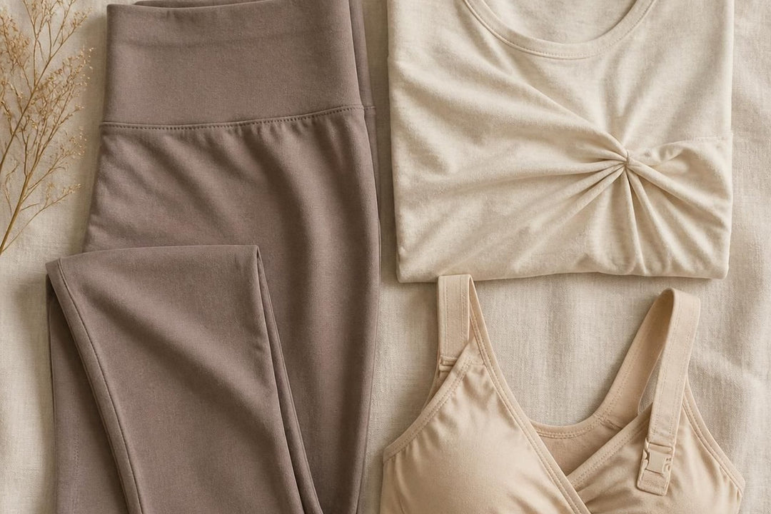 Folded maternity clothing in soft neutrals