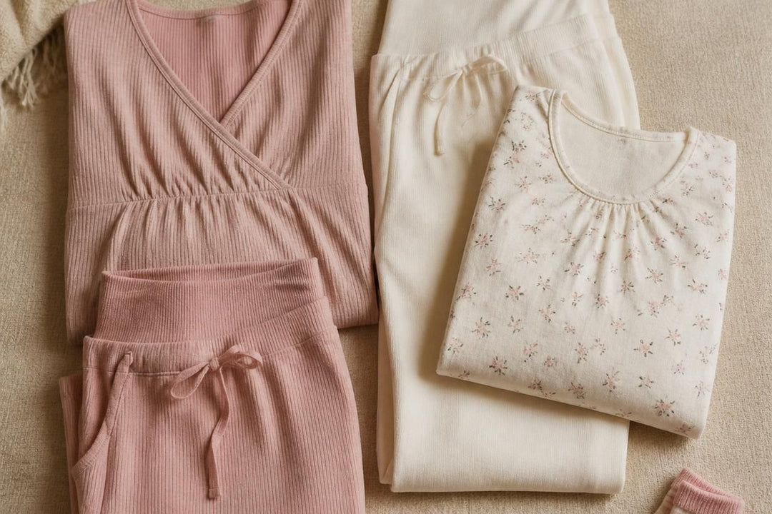 A blush maternity set with small baby socks