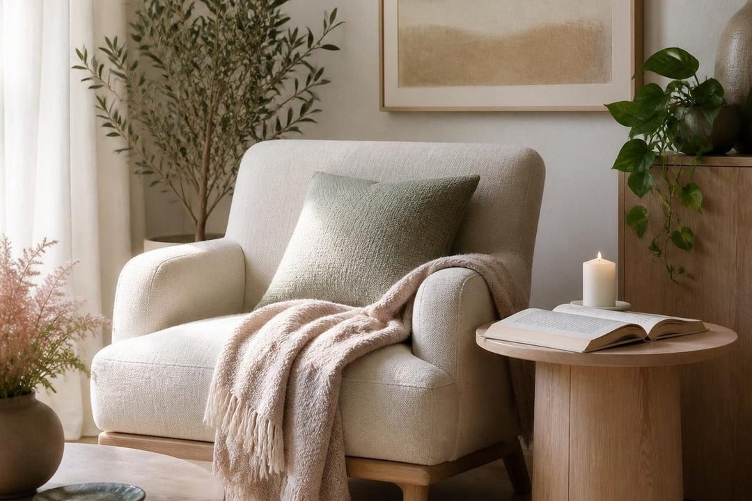A quiet corner with an armchair, throw and open book